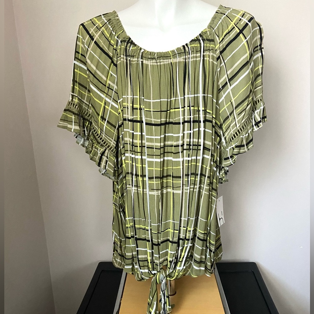 NEW! Hannah Women’s Front Tie Moss Olive Plaid Blouse XL